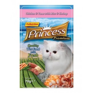 Princess Premium Kurczak Tuńczyk Krewetki 70g Saszetka mokra karma dla kota bez zbóż