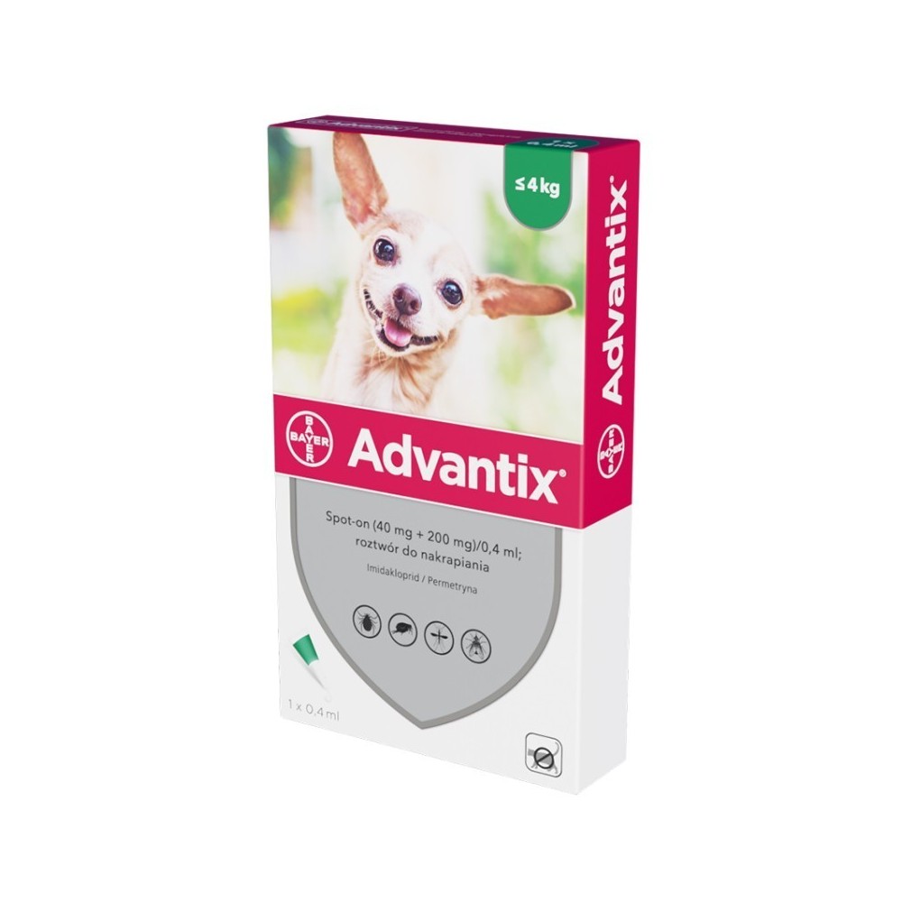 Bayer Advantix Spot-on 40mg + 200mg/ 1x 0,4 ml krople dla psów do 4 kg